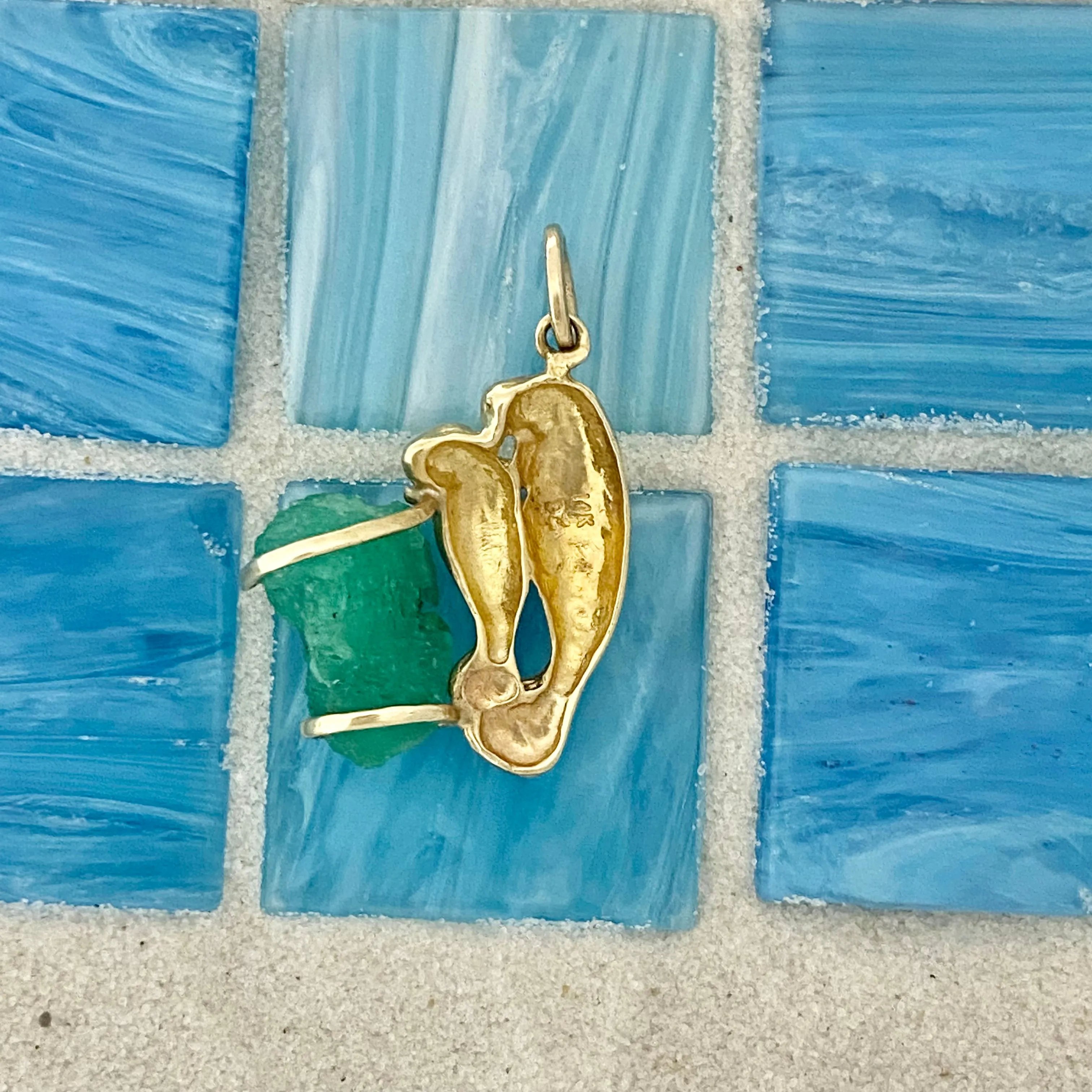 14k Yellow Gold Mom And Baby Manatee With Large Rough Emerald Pendant