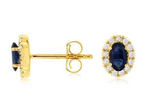 14K Yellow Gold Oval Sapphire & Diamond Stud Earrings
