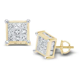 14K Yellow Gold Princess Diamond Square Cluster Stud Earrings 3/4 Cttw
