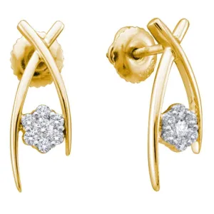 14K Yellow Gold Round Diamond Flower Cluster Screwback Stud Earrings 1/4 Cttw