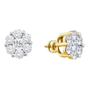 14K Yellow Gold Round Diamond Flower Cluster Screwback Stud Earrings 2.00 Cttw