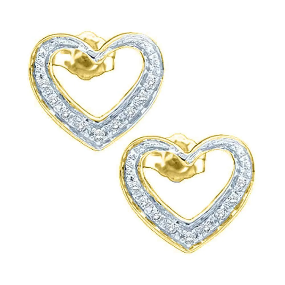 14K Yellow Gold Round Diamond Heart Stud Earrings 1/8 Cttw