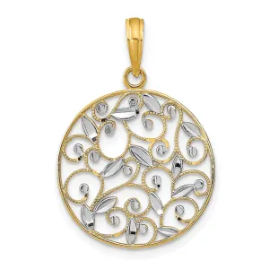 14K Yellow Gold, White Rhodium Polished Diamond Cut Finish Round Filigree Design Pendant