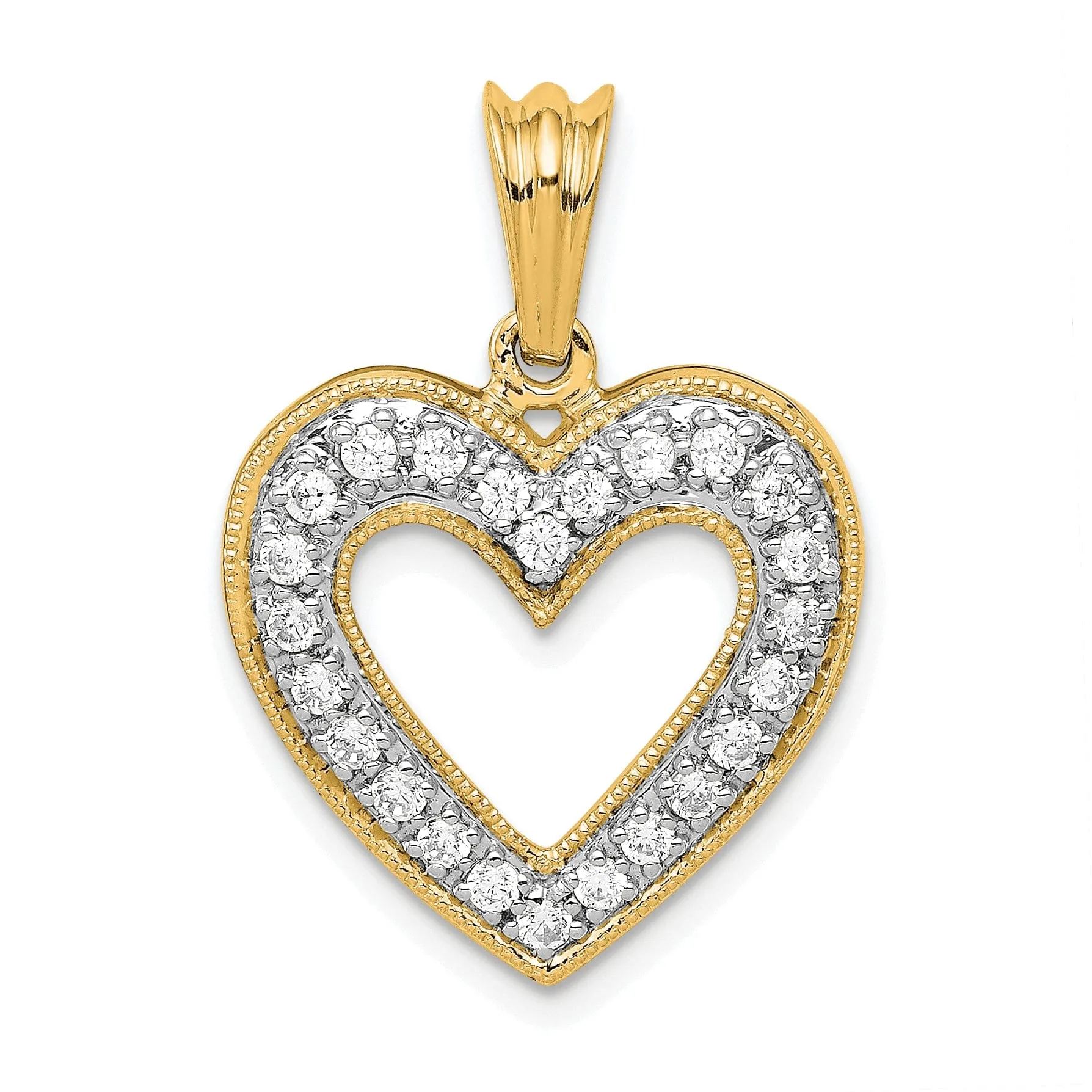 14k Yellow Gold, White Rhodium Polished Finish Open Back 1/3-CT Diamond Heart Design Charm Pendant