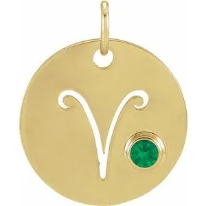14K Yellow Natural Emerald Aries Zodiac Pendant