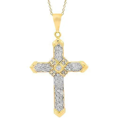 14K Yellow Solid Gold Diamond Cross Pendant 2.25 Ctw