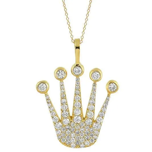 14K Yellow Solid Gold Diamond Crown Pendant 1.90 Ctw