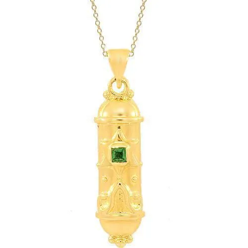 14K Yellow Solid Gold Emerald Mezuzah Pendant 0.20 Ctw