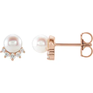 14KT Rose Gold Freshwater Pearl   .08 Carat Diamond Stud Earrings