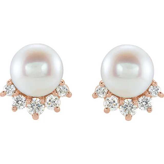 14KT Rose Gold Freshwater Pearl   .08 Carat Diamond Stud Earrings