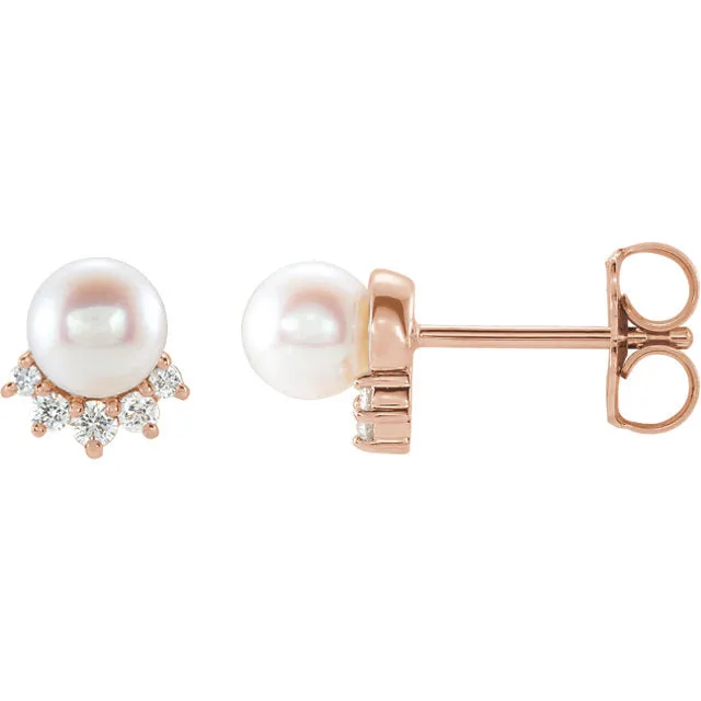 14KT Rose Gold Freshwater Pearl   .08 Carat Diamond Stud Earrings