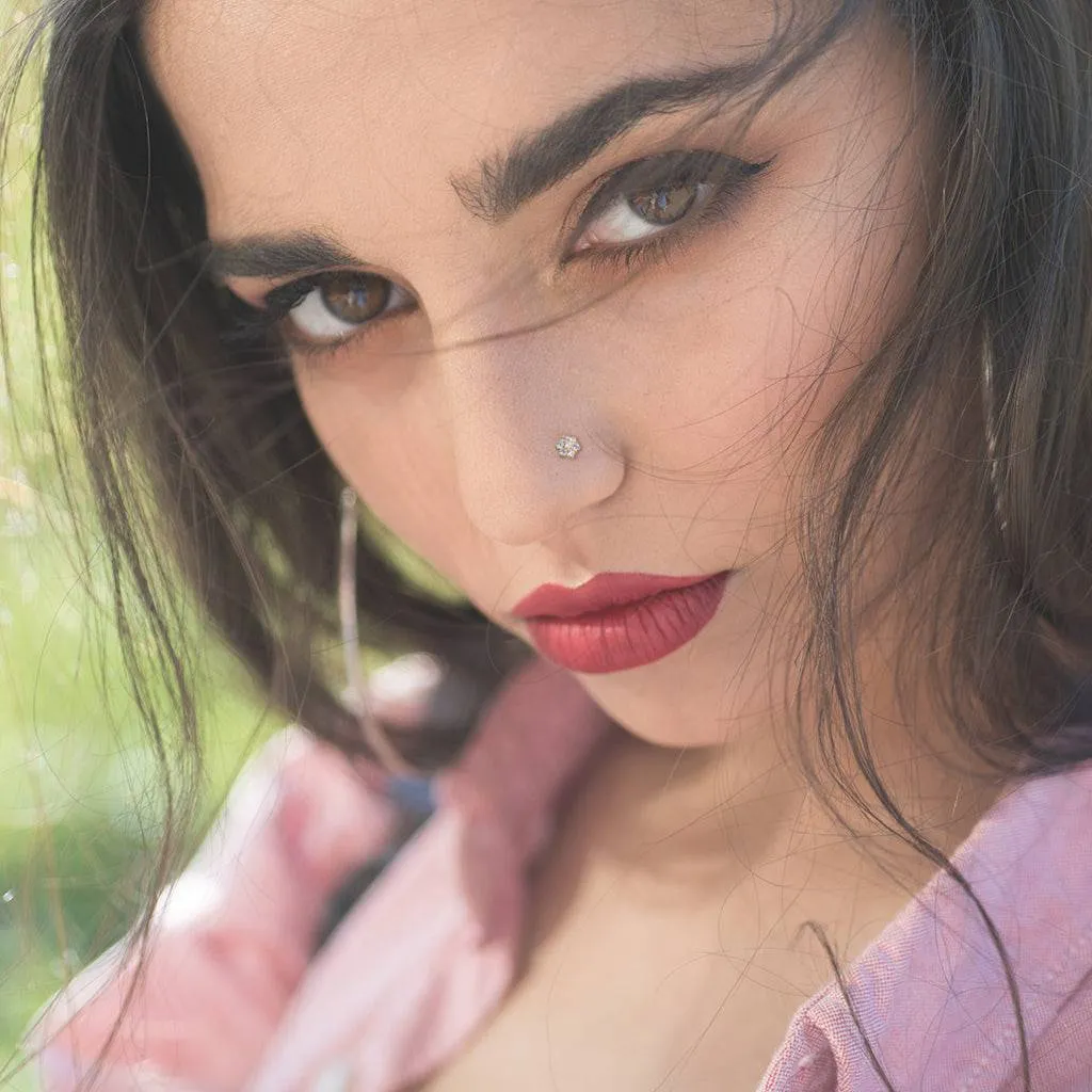 14KT Solid Gold L Shape Flower CZ Nose Ring Stud