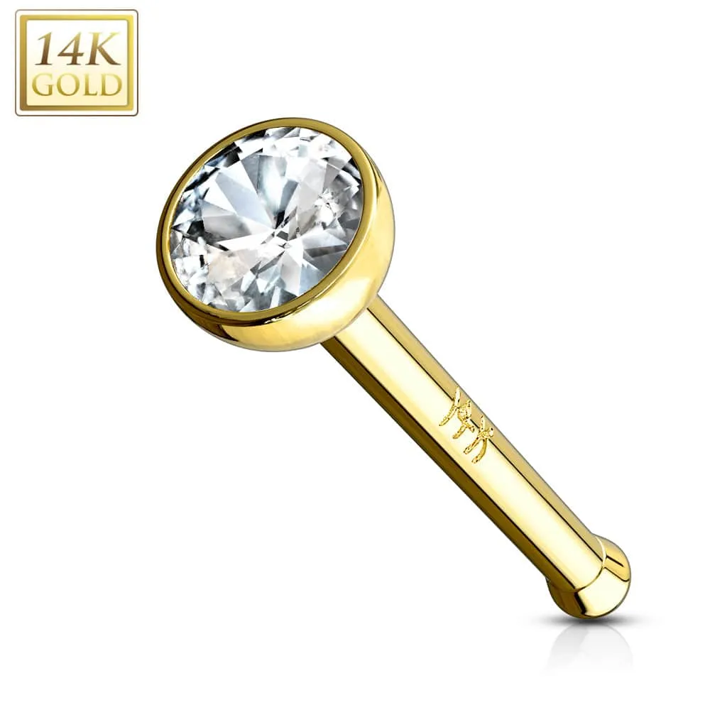 14KT Solid Yellow Gold Bezel White 2mm CZ Nose Bone Ring Stud