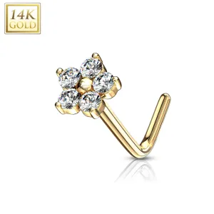 14Kt. Solid Yellow Gold CZ Flower Top L Bend Nose Stud Ring