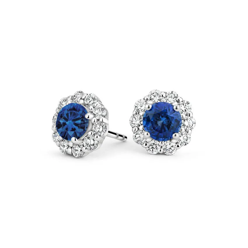 14kt White Gold 0.75CT Round Sapphire Earrings with Diamond Halo