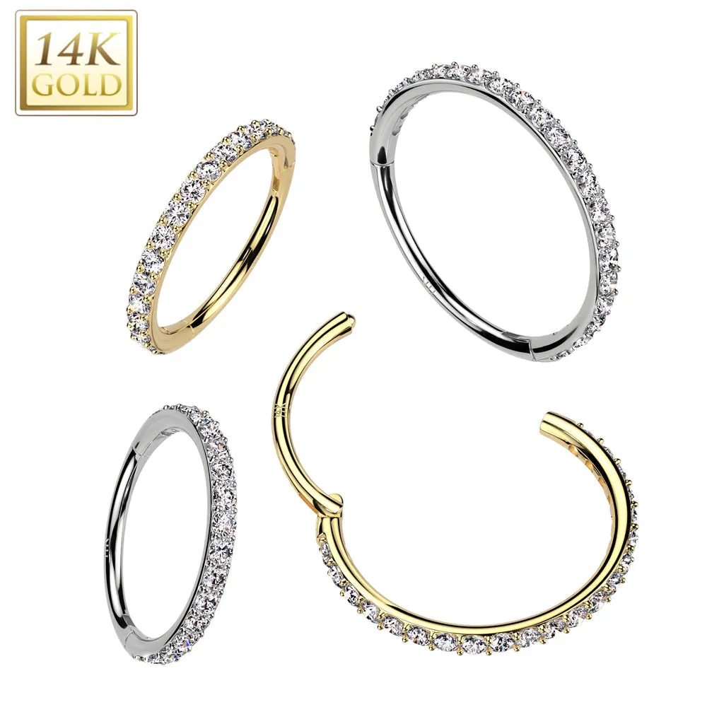14KT White Gold White CZ Pave Hinged Clicker Nose Hoop