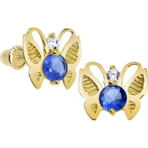14KT Yellow Gold Butterfly Blue CZ Youth Screwback Earrings