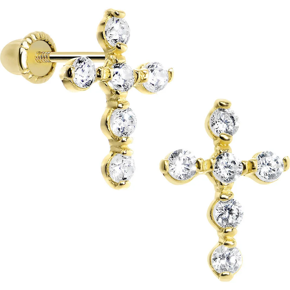 14KT Yellow Gold Clear CZ 10mm Cross Youth Screwback Earrings