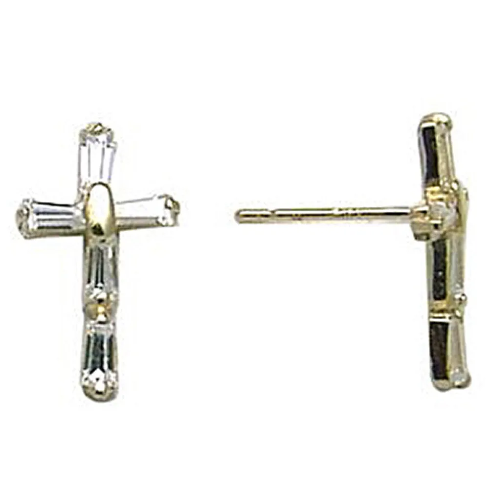 14kt Yellow Gold CZ Baguette Cross Stud Earrings
