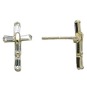 14kt Yellow Gold CZ Baguette Cross Stud Earrings