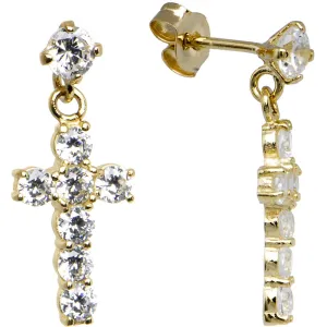 14kt Yellow Gold CZ Cross Dangle Stud Earrings