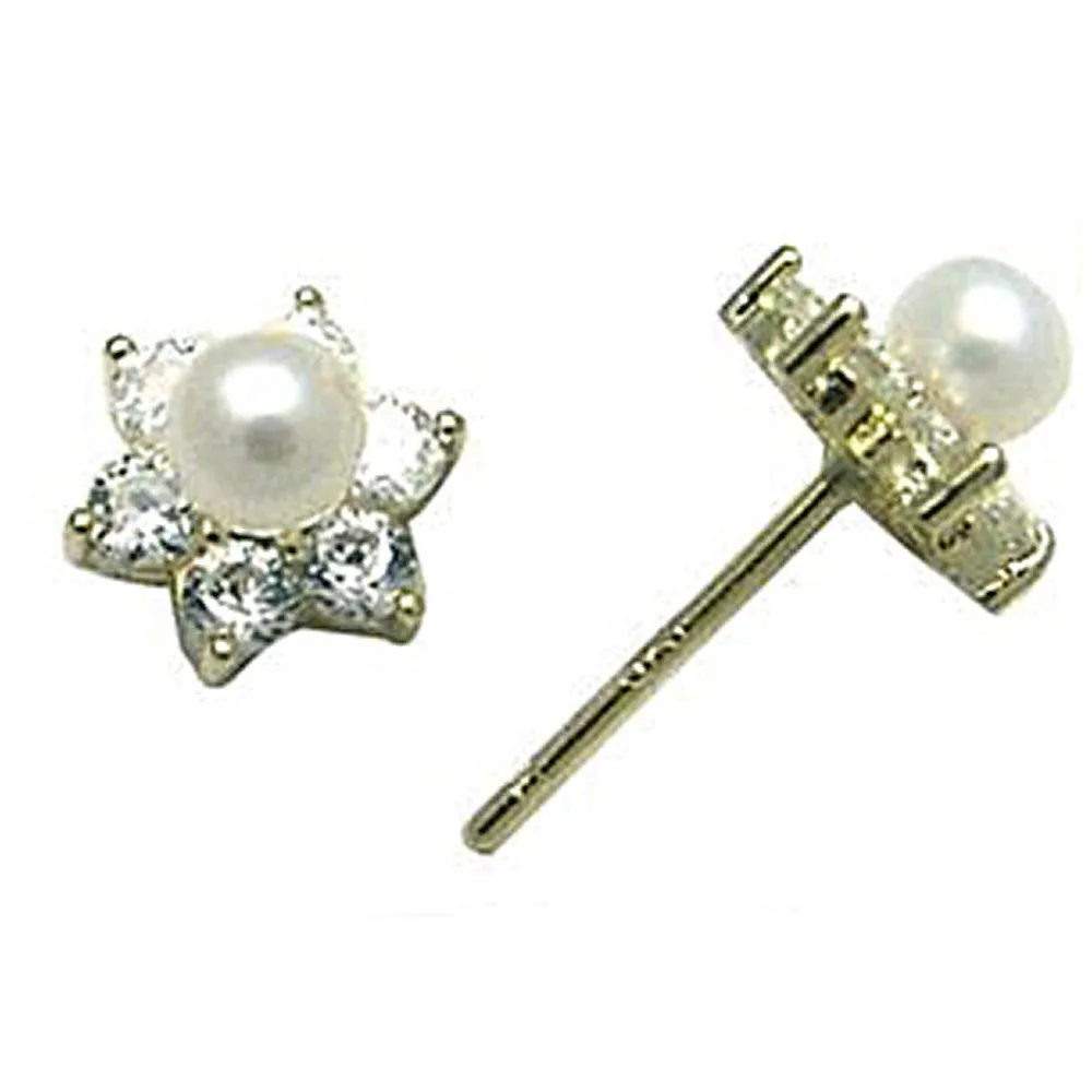 14kt Yellow Gold CZ Flower Pearl Stud Earrings