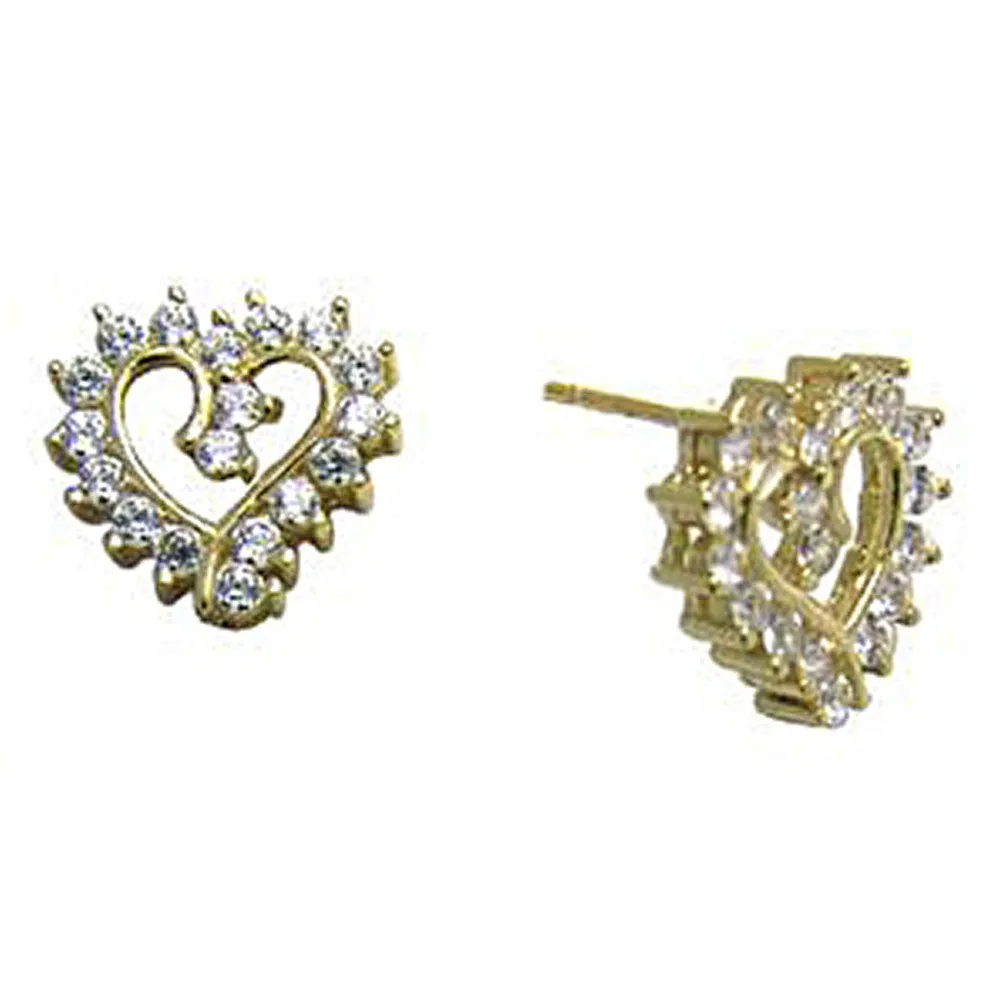 14kt Yellow Gold CZ Hollow Heart Stud Earrings 10mm