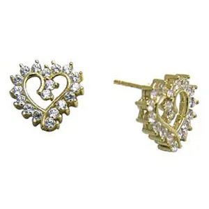 14kt Yellow Gold CZ Hollow Heart Stud Earrings 10mm