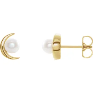 14KT Yellow Gold Freshwater Pearl Crescent Moon Stud Earrings