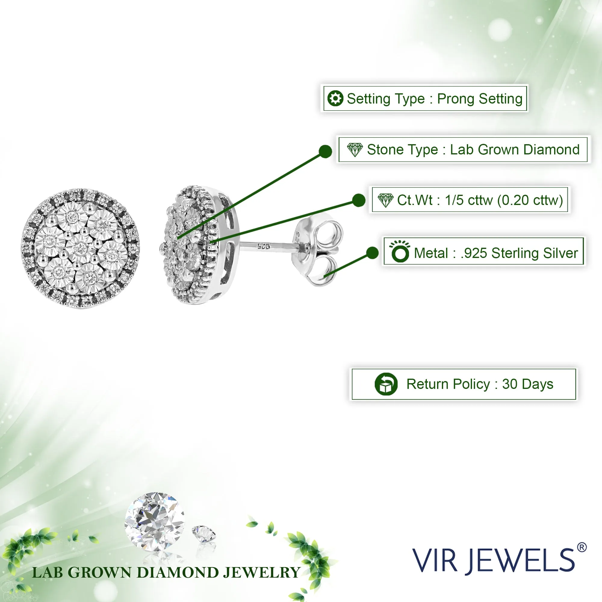 1/5 cttw Lab Grown Diamond Stud Earrings in .925 Sterling Silver