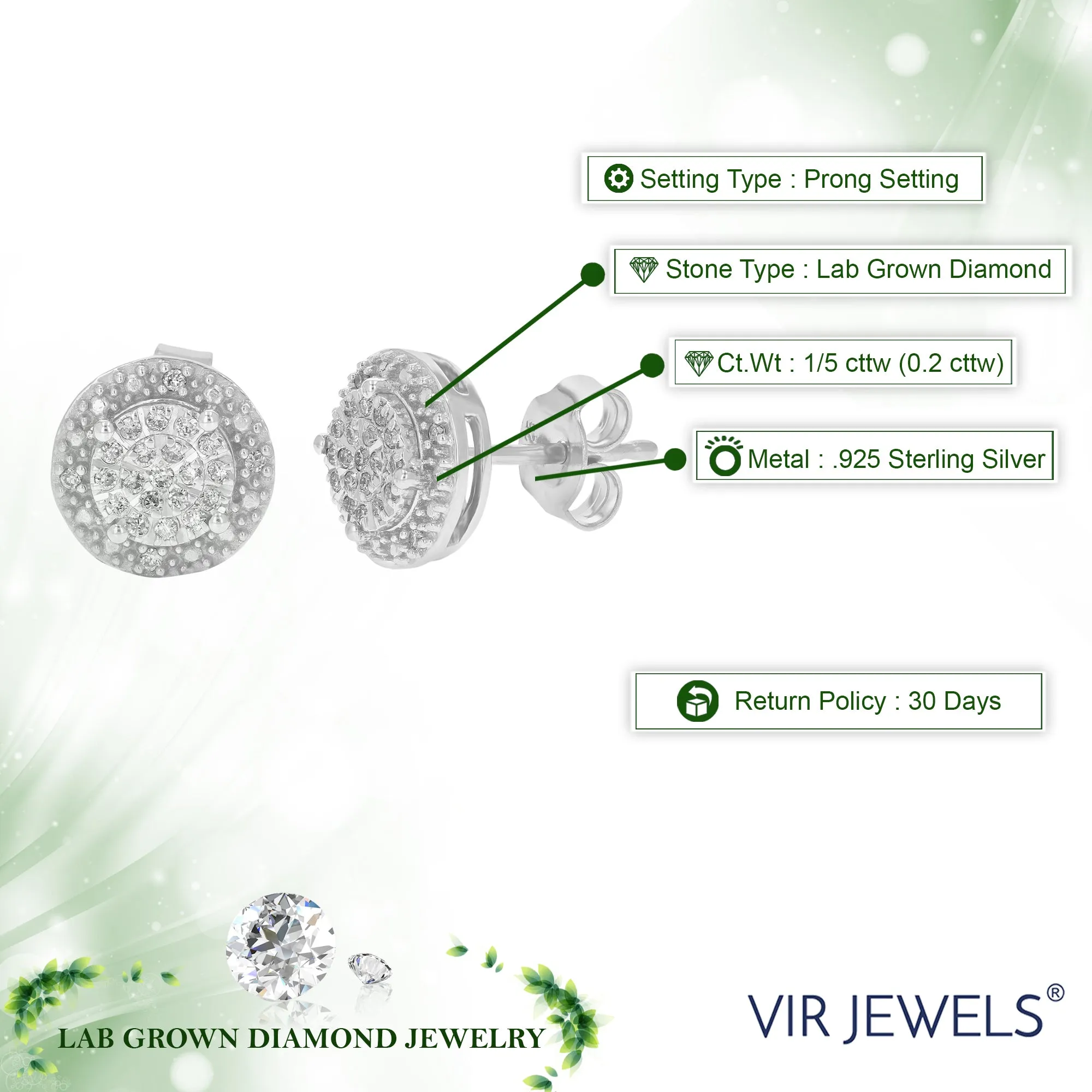 1/5 cttw Lab Grown Halo Diamond Stud Earrings in Sterling Silver
