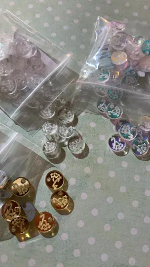150 Custom jewelry tags (10mm / 0.4") iridescent/gold mirror/clear 50 pieces of each color