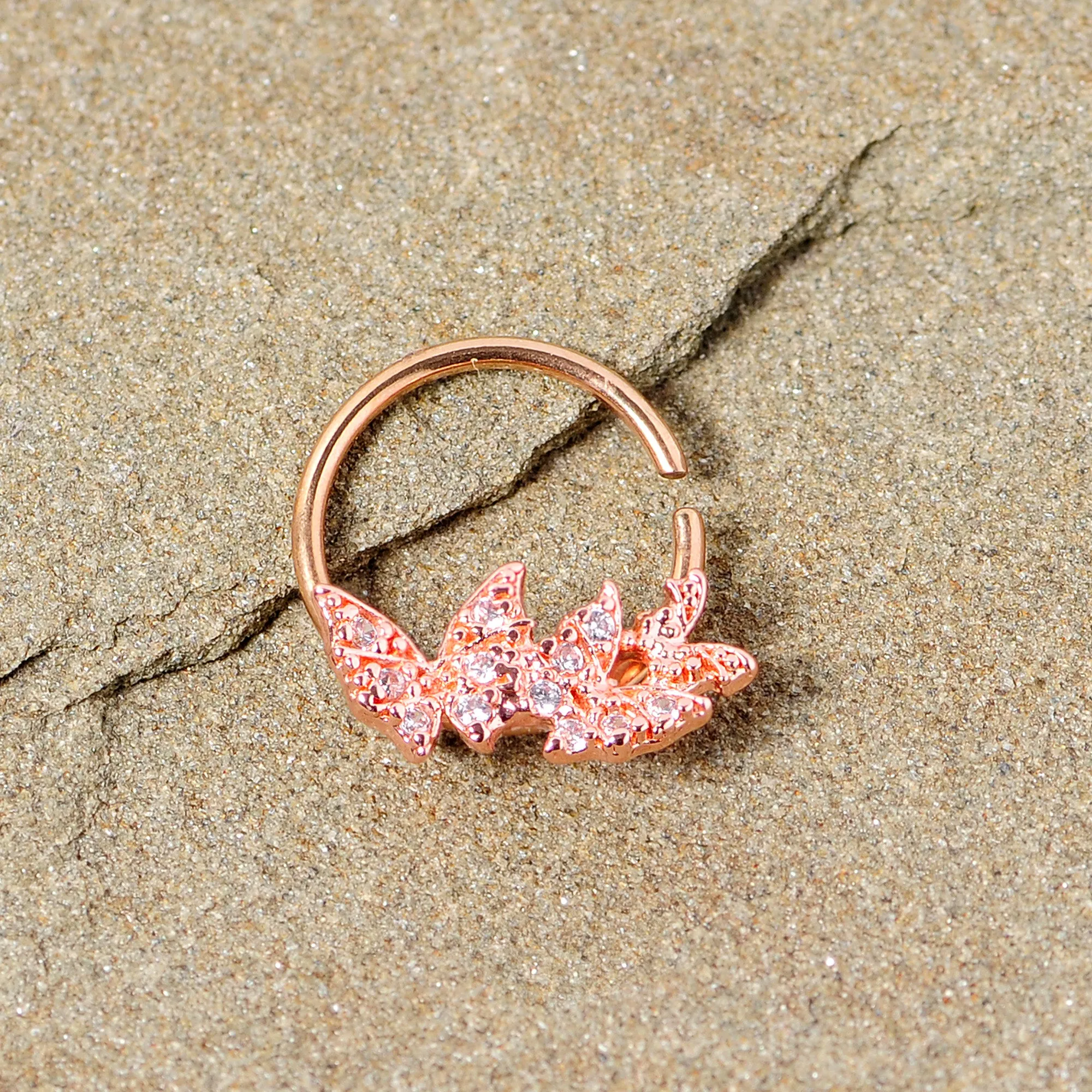 16 Gauge 3/8 Clear CZ Gem Rose Gold Tone Trio Butterfly Seamless Ring