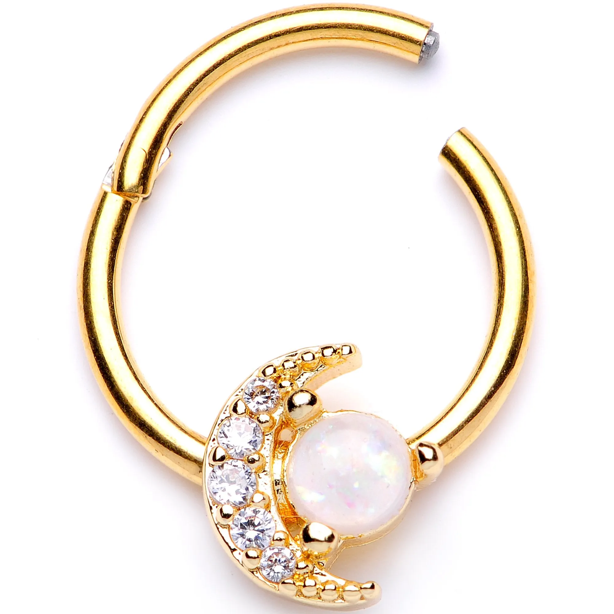 16 Gauge 3/8 White Faux Opal Gold Tone Moon Hinged Segment Ring