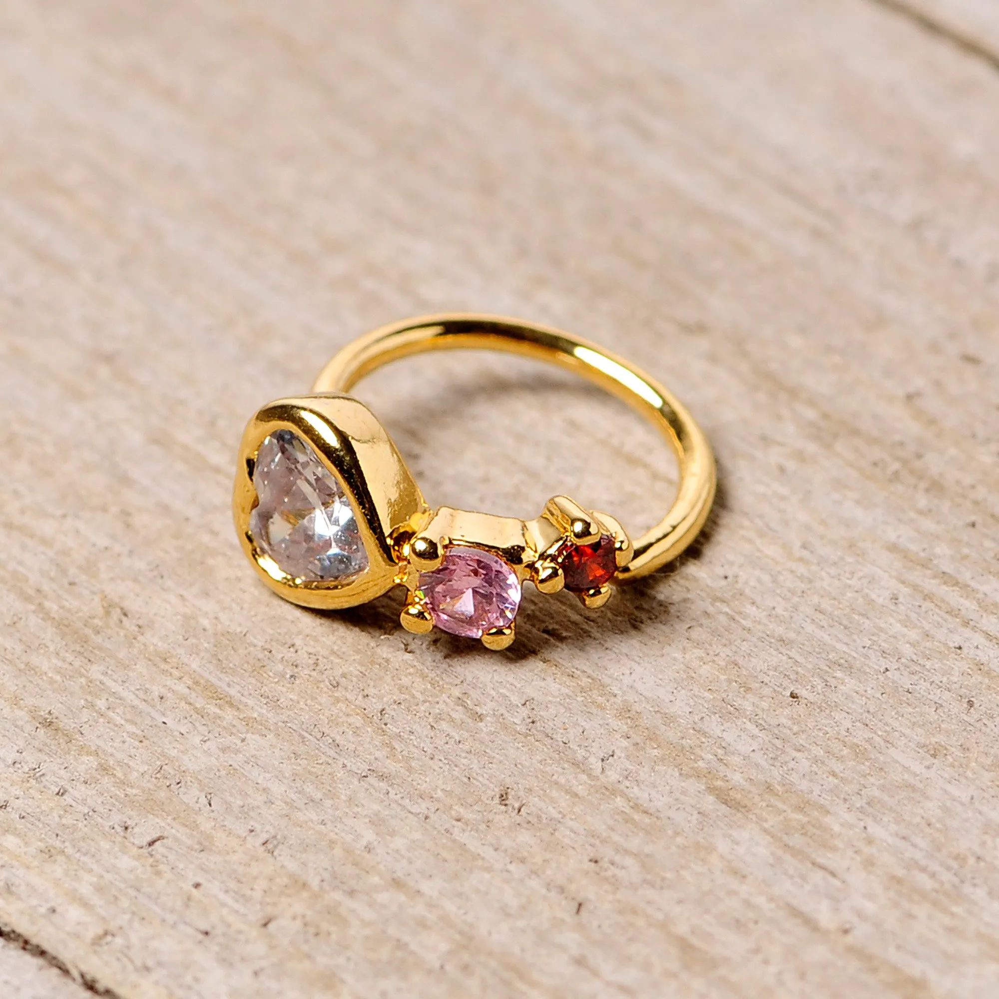 18 Gauge 3/8 Clear Pink Red CZ Gem Gold Tone Heart Nose Hoop