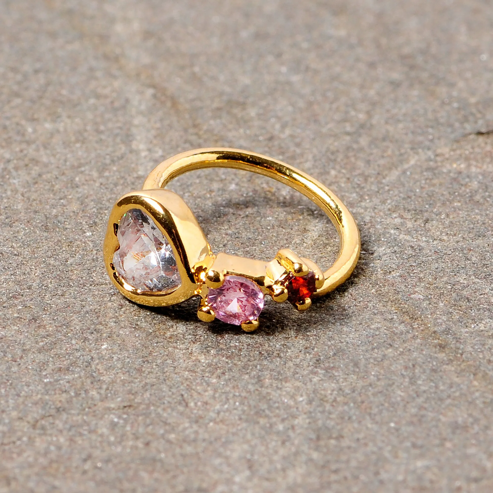 18 Gauge 3/8 Clear Pink Red CZ Gem Gold Tone Heart Nose Hoop