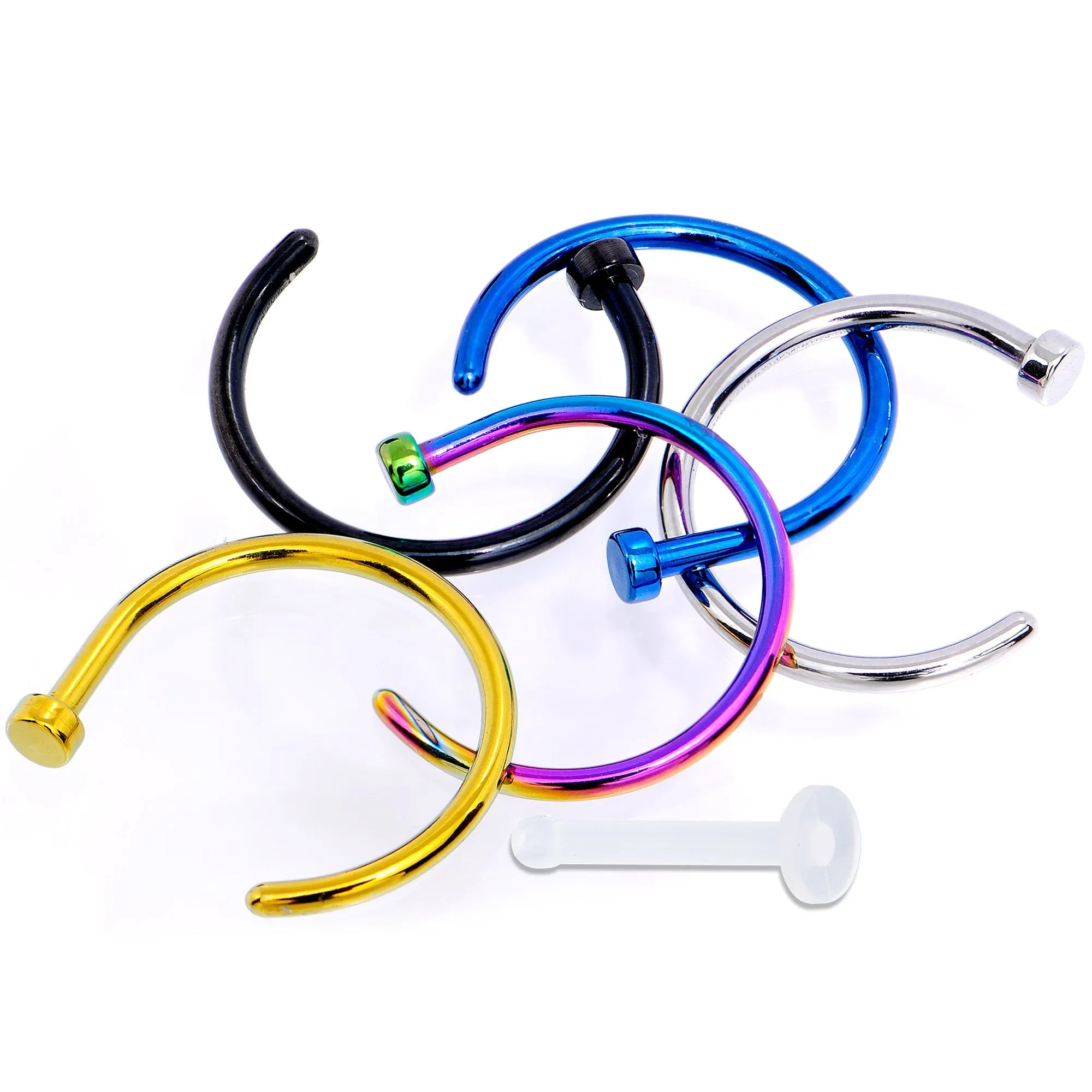 18 Gauge 3/8 Pack Set of 5 Assorted Stainless Steel Nose Hoop Rings