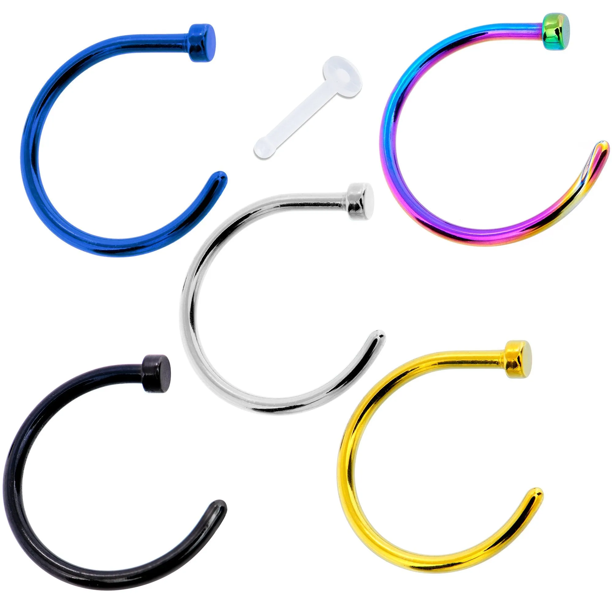 18 Gauge 3/8 Pack Set of 5 Assorted Stainless Steel Nose Hoop Rings