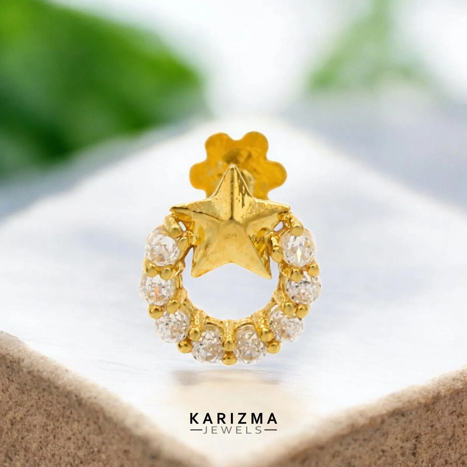 18K Real Gold cute star Nose stud cum Earring Clear White CZ Gold Screw Back
