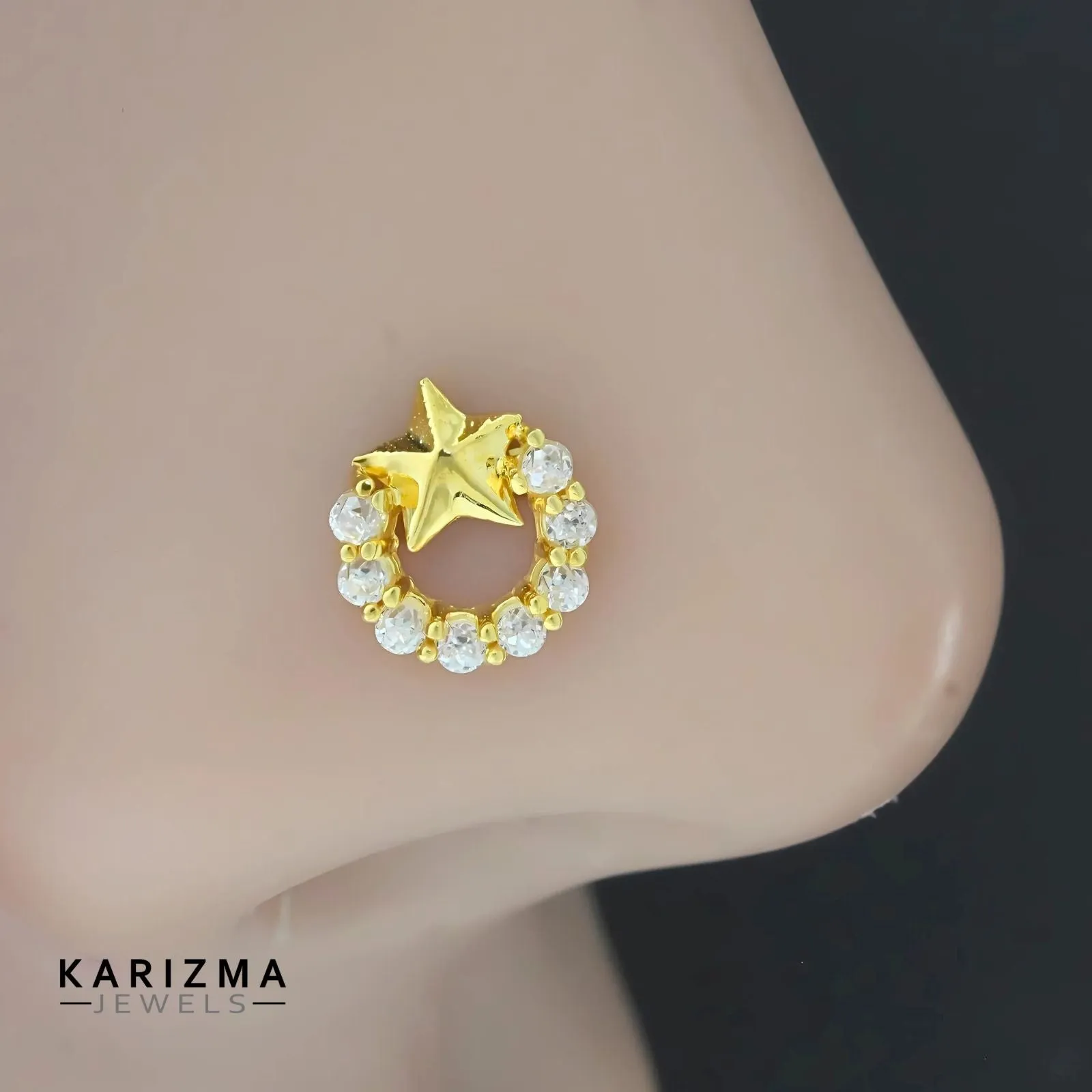 18K Real Gold cute star Nose stud cum Earring Clear White CZ Gold Screw Back