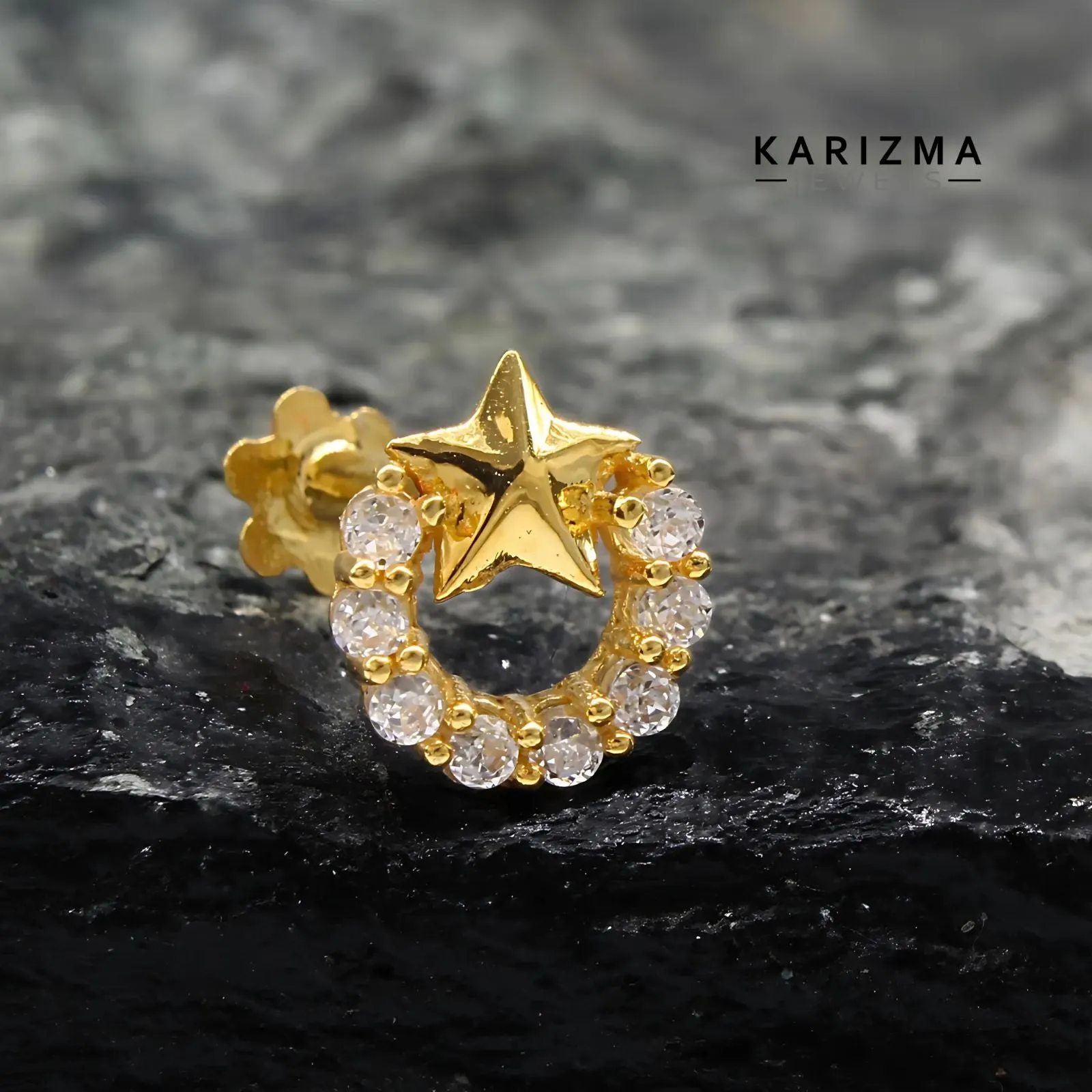 18K Real Gold cute star Nose stud cum Earring Clear White CZ Gold Screw Back