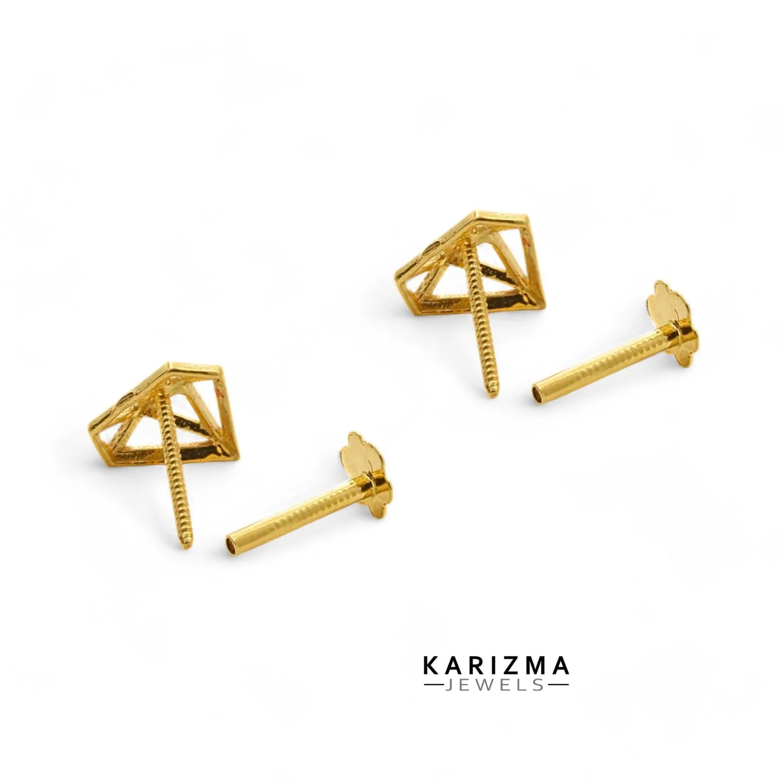 18K Real Gold Diamond Shape Two in One Nose stud cum Earring Gold Screw Back