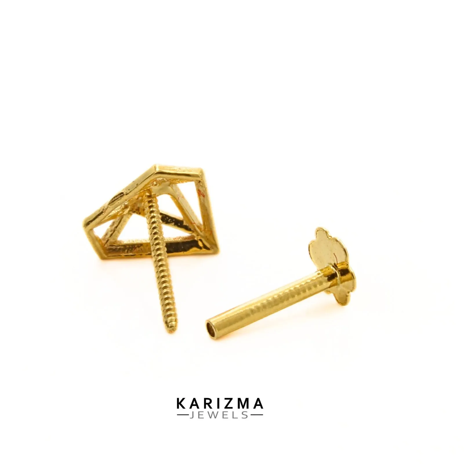 18K Real Gold Diamond Shape Two in One Nose stud cum Earring Gold Screw Back