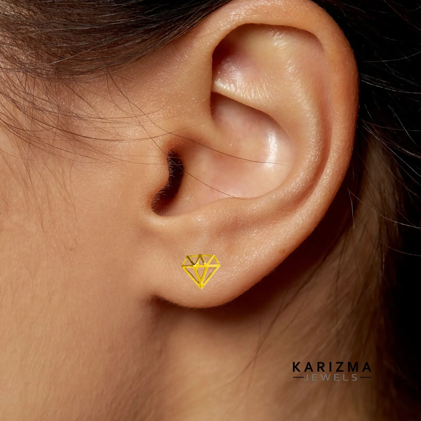 18K Real Gold Diamond Shape Two in One Nose stud cum Earring Gold Screw Back
