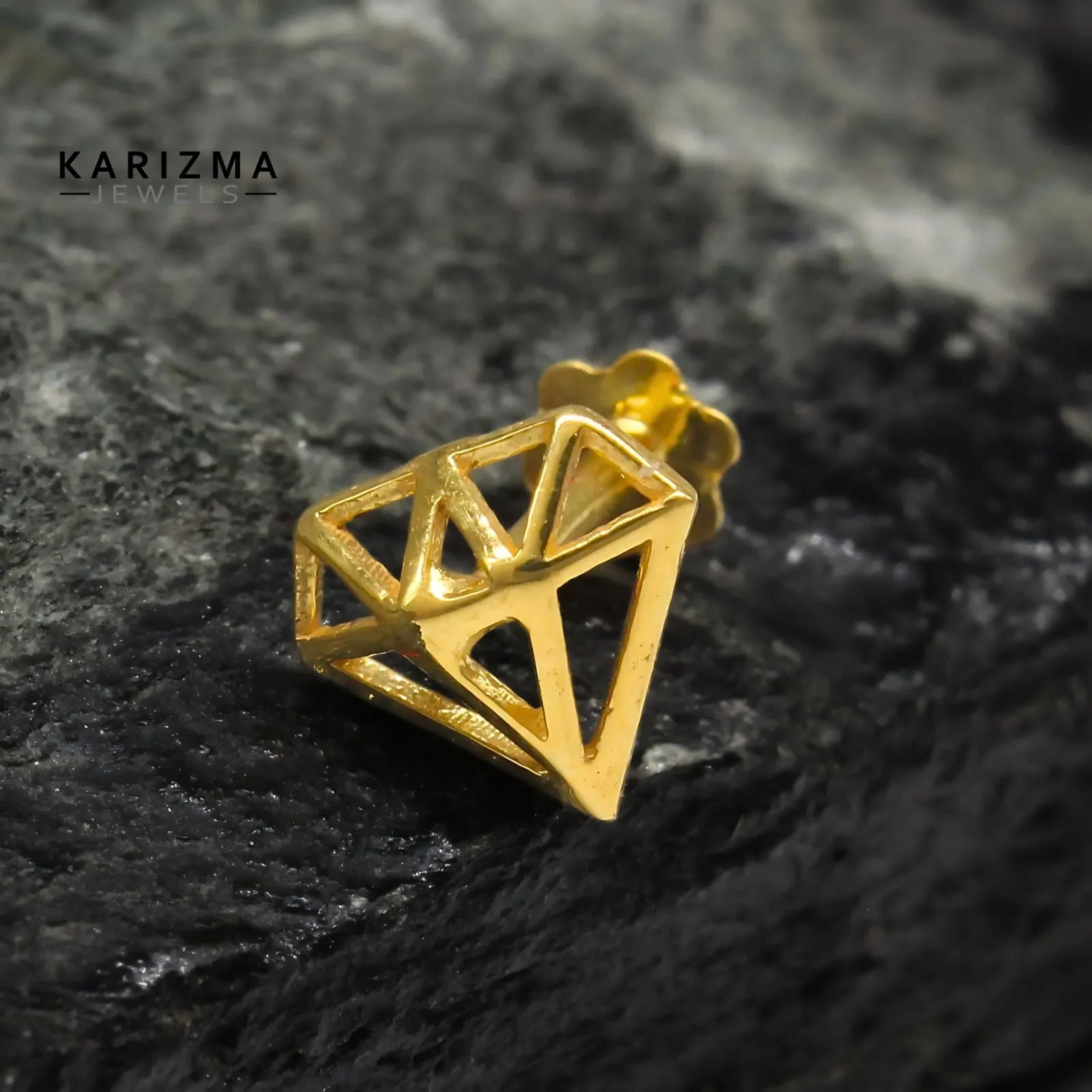 18K Real Gold Diamond Shape Two in One Nose stud cum Earring Gold Screw Back