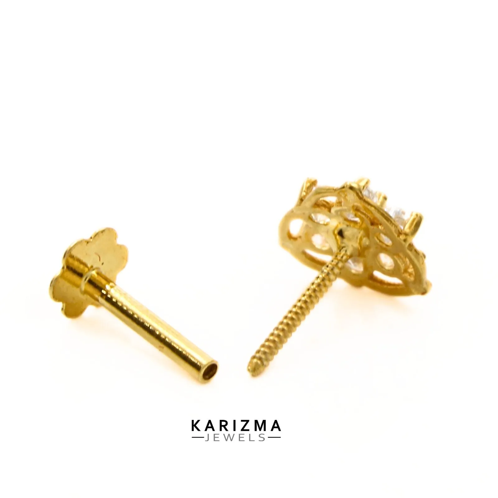 18K Real Gold handmade Nose stud cum Earring White CZ Gold Screw Back
