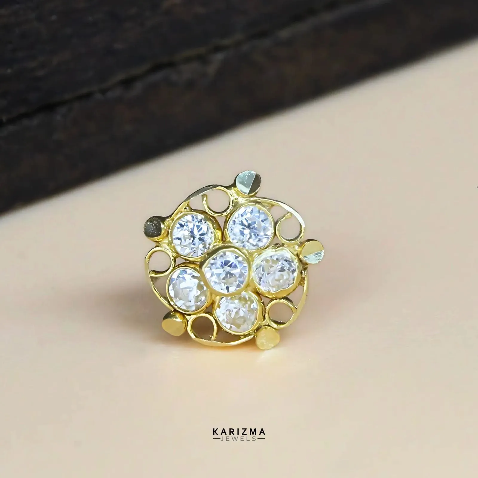 18K Real Gold Indian handmade Women White CZ Floral Nose stud nose ring Push Pin