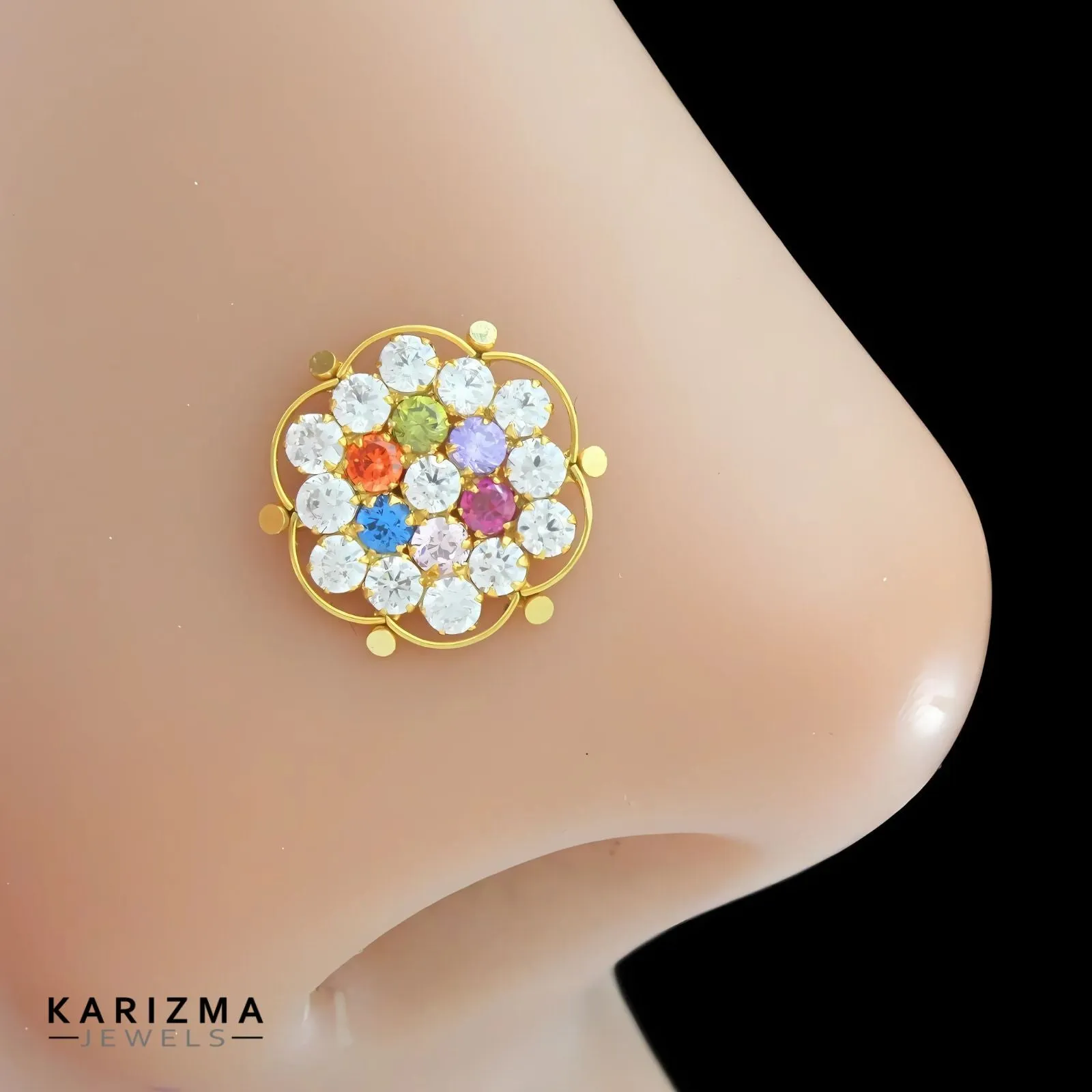 18K Real Gold Indian Women Multicolour CZ brides Nose stud nose ring Push Pin