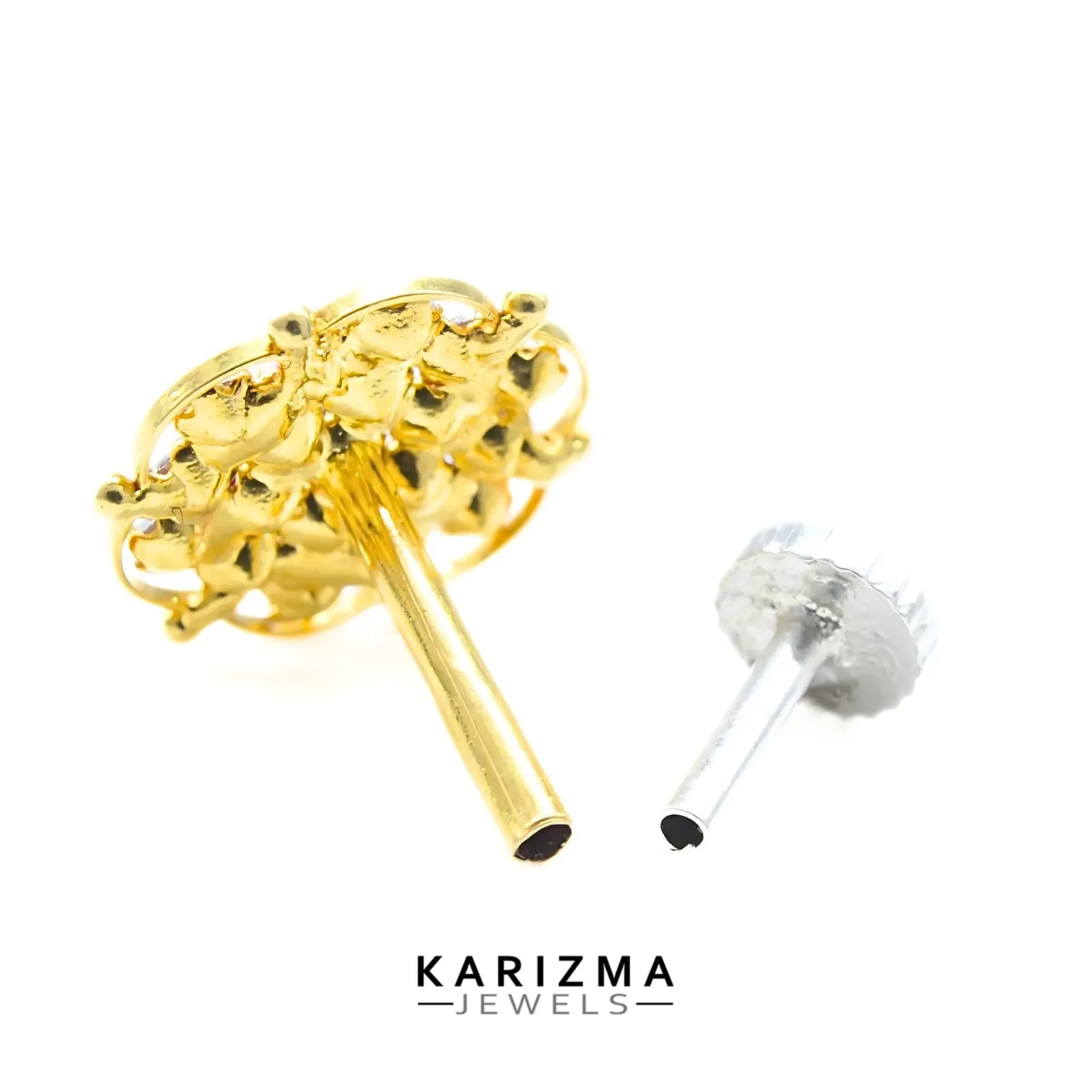 18K Real Gold Indian Women Multicolour CZ brides Nose stud nose ring Push Pin