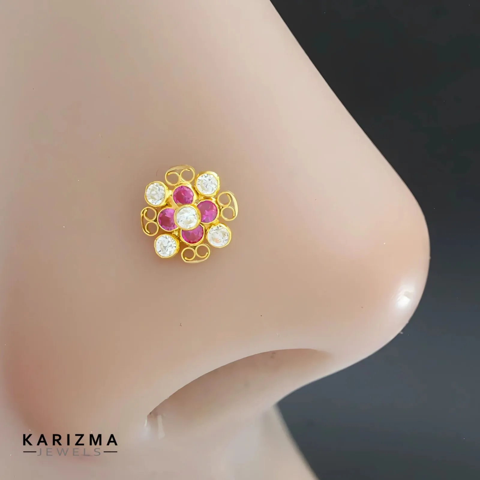 18K Real Gold Indian Women Pink White CZ cultural design Nose stud nose ring Push Pin